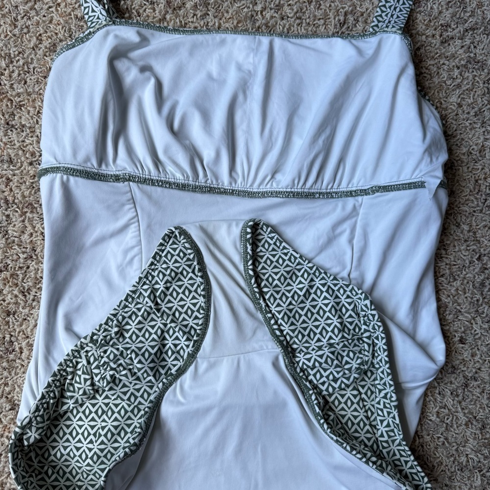 Anne Cole One Piece Swimsuit Women’s 14 Green White Geometric Ruched Green White - Picture 7 of 9